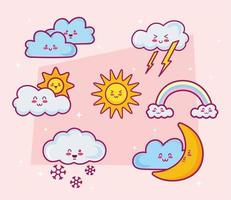 seven kawaii clouds characters vector