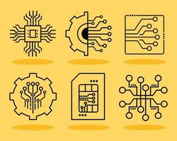 electronic circuits six icons vector