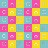 Seamless geometry pattern. Circle, triangle, square tile on pink teal yellow background vector