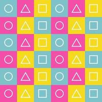 Seamless geometry pattern. Circle, triangle, square tile on pink teal yellow background vector