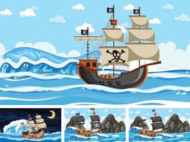 Set of ocean scenes at different times with Pirate ship in cartoon style vector