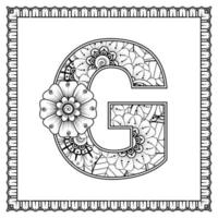 letra g hecha de flores en estilo mehndi. página de libro para colorear. Ilustración de vector de dibujo a mano de contorno.