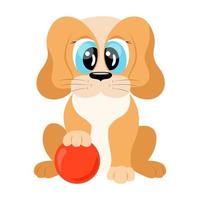 Cute cartoon dog isolated. Funny sitting puppy with ball. Vector illustration