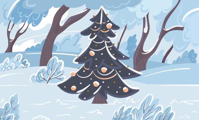A festive Christmas tree decorated with garlands in a park area in winter. Snowy landscape. Cartoon vector illustration