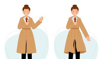 The reporter tells the news into the microphone. Two scenes with a journalist woman. Girl in a beige raincoat. vector