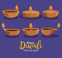 happy diwali six candles vector