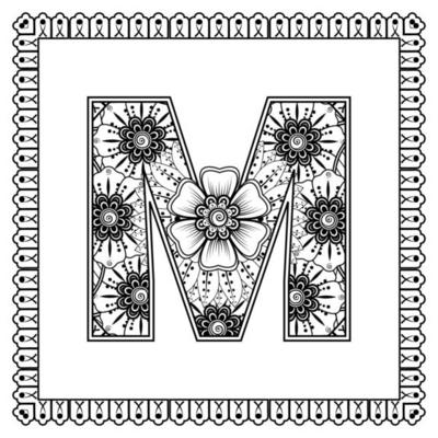 Letter M made of flowers in mehndi style coloring book page outline Letter M made of flowers in mehndi style coloring book page outline