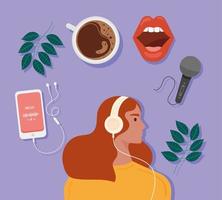 mujer escuchando podcast con iconos vector