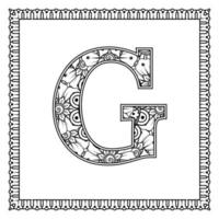 Letter G made of flowers in mehndi style. coloring book page. outline hand-draw vector illustration.