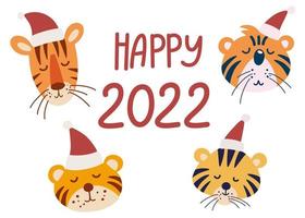 Cute Christmas tigers faces. Tigers cubs in hats. Symbol of the New Year 2022. Elements for design greeting cards, poster, card, packaging paper design. Vector cartoon Illustration.