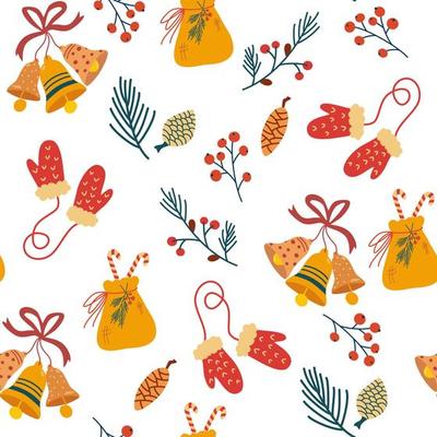 Christmas elements seamless pattern. Bells, mittens, bag of sweets, cones, berries and twigs. Cozy winter holidays. Winter Background for fabric, textile, clothes, paper scrapbooking, planner. Vector