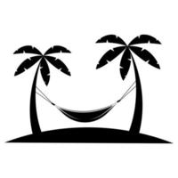 Hammock icon in glyph style. Hammock between palm trees in black color. Glyph icon relaxes. Palm trees on the beach. Summer logotype. Vector