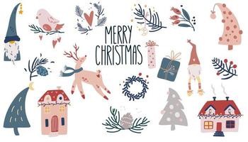 Christmas Items collection. Gifts, Twigs, Deer, Birds, Cute houses, Garlands. Vector cartoon illustration for greeting cards, Christmas invitations and scrapbooking.