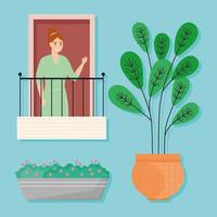 woman on balcony with icons vector