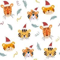 Cute Christmas tiger seamless pattern. Muzzles of tigers in Christmas hats. Perfect for kids apparel, fabric, textile, nursery decoration, wrapping paper. Vector illustration.