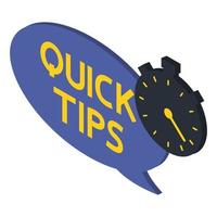 Quick tips. Blue banner with letters quick tips and stopwatch. Helpful idea, solution and trick illustration. Abstract isometric banner with useful information, idea or advice