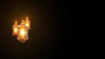 Lanterna dourada árabe do ramadã em um fundo preto com partículas, animação 3D em loop