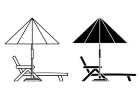 Deck chair, lounge or sun bed with a beach umbrella. Outline and glyph style. Beach or pool umbrella linear icon with sun bed. Contour symbol. Vector