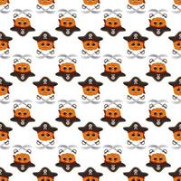 Seamless pattern with pumpkin character with emotions and face in captain cocked hat and crossed sabers. Halloween party decoration print vector