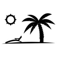 Palm tree with sun in black color. Glyph icon, relaxes. Palm tree on the beach with sonbed. Tropical floral. Summer logotype. Vacation icon. Vector