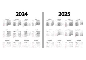 Calendar 2024, 2025 year. The week starts on Sunday. Annual calendar template. Yearly English calendar. Yearly organizer in minimal design. Portrait orientation vector