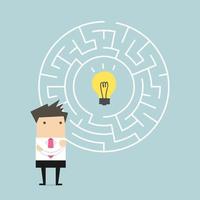 Businessman in front of a huge maze and finding direction to idea bulb. vector