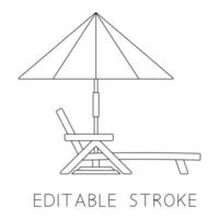Deck chair, lounge or sun bed with a beach umbrella. Outline, editable stroke vector. Beach or pool umbrella linear icon with sun bed. Contour symbol vector