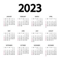 Calendar 2023 year - vector illustration. The week starts on Sunday. Annual calendar 2023 template. Calendar design in black and white colors, Sunday in red colors