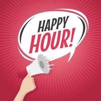 Happy Hour cartoon speech bubble with loudspeaker. vector