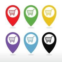 Colorful Map Pointer With Shopping Cart, Shopping Plaza , Market Place or Bazaar icon. vector