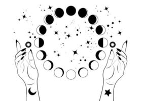 Mystical moon phases and woman hands, Triple moon pagan Wiccan goddess symbol, alchemy esoteric magic space, sacred wheel lunar cycle, vector isolated on white background