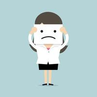 Businesswoman hide his real face by holding bad mood mask. vector