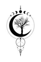 Mystical Moon Phases, tree of life, Sacred geometry. Triple moon, half moon pagan Wiccan goddess symbol, silhouette wicca banner sign, energy circle, boho style vector isolated on white background