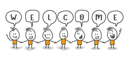 Stick figures. Thought bubbles, speech bubbles. Group of people say welcome. Isolated on white background. Nr.4