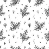Christmas seamless pattern with hand drawn holly branches and berries isolated on white background. Vector illustration in vintage sketch style