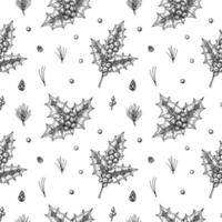 Christmas seamless pattern with hand drawn holly branches and berries isolated on white background. Vector illustration in vintage sketch style