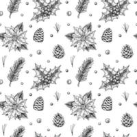 Christmas seamless pattern with hand drawn holly, poinsettia, Christmas tree branches and cones isolated on white background. Vector illustration in vintage sketch style