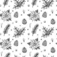 Christmas seamless pattern with hand drawn holly, poinsettia, Christmas tree branches and cones isolated on white background. Vector illustration in vintage sketch style