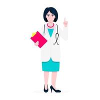 Doctor standing and hold clipboard and stethoscope with index finger flat style design vector illustration isolated on white background. Medical center hospital employee.