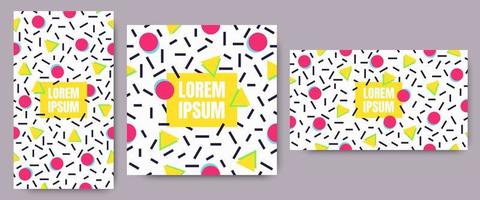 3 Geometric background with geometric line shapes pattern with trendy Memphis fashion style 80s-90s template in colorful vibrant colors isolated on white background set vector