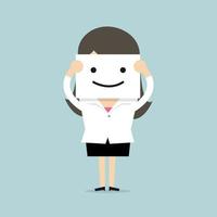 Businesswoman hide his real face by holding smile mask. vector