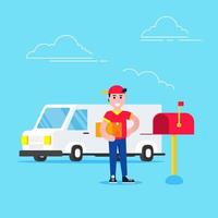 Fast red delivery vehicle car van and boy character with clipboard and trolley and boxes on it flat style design vector illustration isolated on light blue background. Symbol of delivery company.