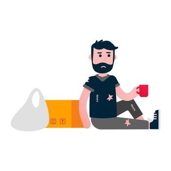Homeless man sitting down with the cup and ask some money. Poor people help concept flat style design vector illustration isolated on white background.