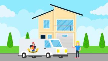 Fast delivery car with cargo shipment and girl with box and clipboard on van flat style design standing near woman behind building. Delivery to home concept. Fast and free. vector