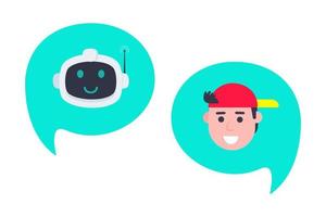 Robot chatbot head icon sign in the speech bubble talking with boy. vector