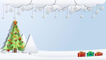 Fondo de feliz Navidad con espacio de copia en diseño de estilo de corte de papel. árbol de navidad, copos de nieve, caja de regalo sobre fondo de invierno vector