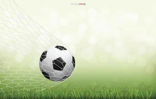 Soccer football ball on green grass field with light blurred bokeh background. Vector. vector