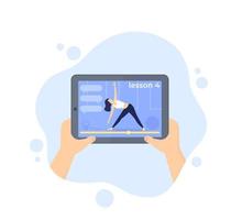 online yoga class, tablet in hands, vector illustration