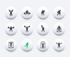 Gym, fitness exercises, workout, training icons set vector