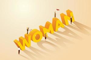 Group women standing on large letter word woman. vector
